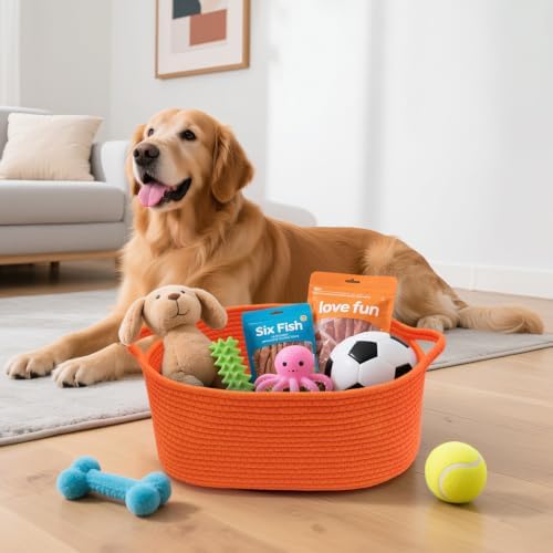 Woven Basket with Gift Bags and Ribbons, 14"X10"X6" Storage Basket Orange | Gift Storage Organizer Basket Bin Shelf Shelves Cotton Rope Basket for Nursery, Pet Toys