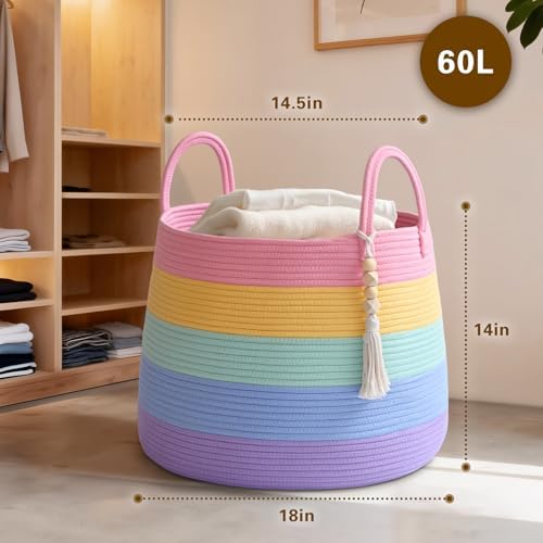 Large Nursery Hamper, 60L Blanket Basket with Handle, Baby Laundry Basket for Gift, Toy, Clothes, Woven Storage Basket with Wooden Bead Decor, Baby Hamper for Nursery(Rainbow)