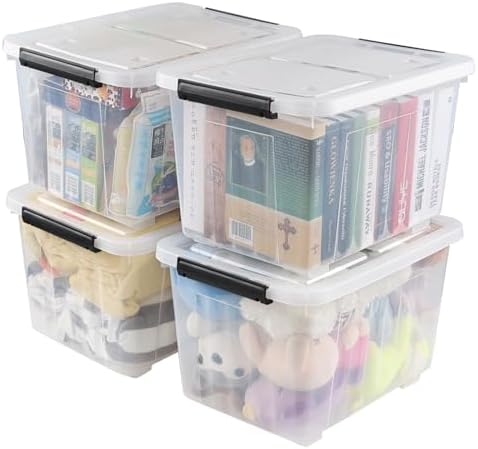 Farmoon 4 Pack 30 Quart Plastic Latching Storage Box Bin with Wheels, Clear