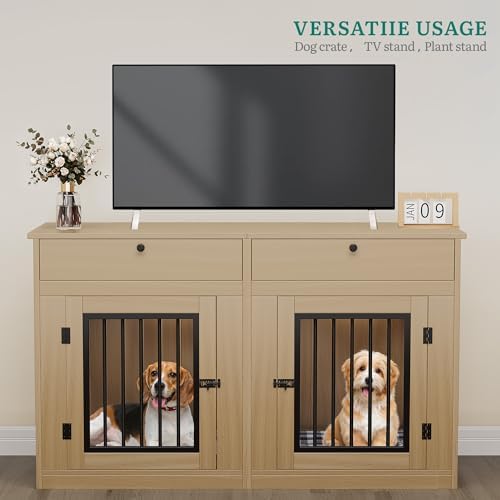 DWVO 60 Inch Double Dog Crate Furniture for 2 Dogs, Heavy Duty Wooden Dog Crate TV Stand with Removable Divider & Storage Drawers, Dogs Kennel Indoor Furniture Double Sliding Barn Door, Light Beige