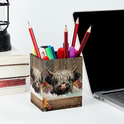 Barrel and Highland Cow Pen Holder for Desk Decor, Rectangular PVC Leather Pencil Cup for Desk Pen Organizer, Makeup Brush Holder for School, Home, Office