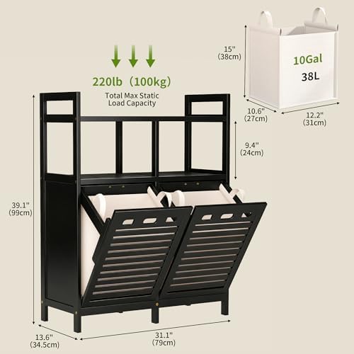 VASMIA Tilt Out Laundry Hamper Cabinet, Bamboo Double Laundry Hamper with 2 Removable Laundry Baskets, 20 Gal Laundry Sorter Organizer with Shelf for Dirty Clothes, Bathroom, Laundry Room, Natural