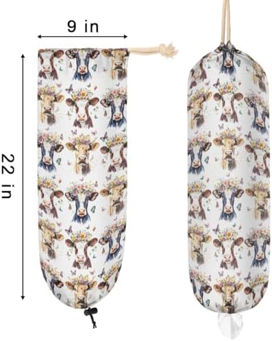Pardick Plastic Bag Holder Butterfly Flower Highland Cow Wall Mount Grocery Bag Holder Wasgable Plastic Bag Dispenser Garbage Bag Organizer for Home Kitchen Decor, Gifts for Women Mom Family Friends