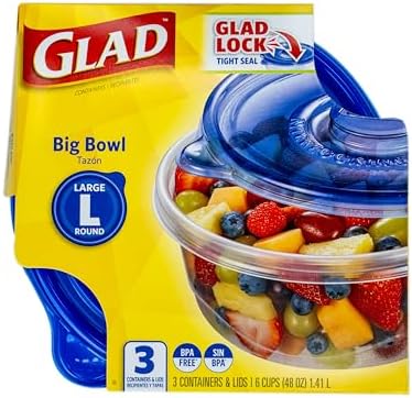 Glad GladWare Big Bowl Food Storage Containers, Large, 48 Oz, 3 Count, 6-Pk | Lock-tight seal for soups, salads, and meal prep in a large round format; microwave and dishwasher safe