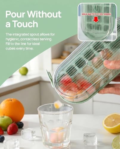 21 Cubes Press Ice Cube Tray with Lid and Storage Bin Easy Release | Fill without opening cover, PP+TPE+PET stackable odorless ice maker box for cocktail whiskey, mint green, 9.4x4.1x2.6 in