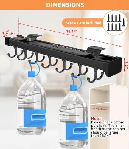 Pull Out Broom Holder With Adjustable Double Row Sliding Hook-Black 16.14IN | Multifunctional Slide Broom And Mop Storage/Organizer Garage Organization Hooks, for Closet Laundry Garage Kitchen