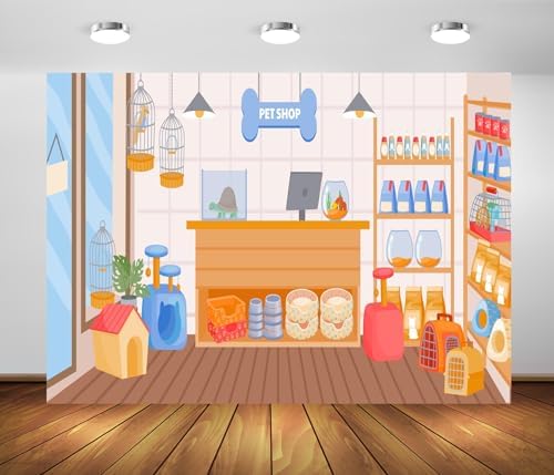 BELECO 10x6.5ft Fabric Cartoon Pet Shop Backdrop Pet Store with Doghouse Birds Cage Fish Tank Animals Food Photography Background Pet Party Decorations Kids Children Portrait Photoshoot Studio Props