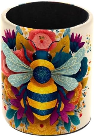 Faux Leather Pen Holder for Desk, Pencil Organizer Bee Pen Cup Desk Decor Makeup Brush Holder Storage for Office Home