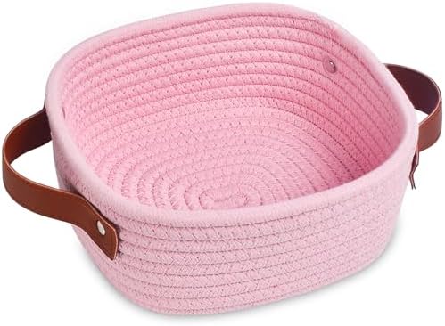 ABenkle Small Storage Basket, Mini Baskets, Cute Rope Woven Baskets for Organizing, Square Shelf Storage with Handle, Boho Decorative Toy Bin for Nursery, Spa, Empty Gift Basket - XS, Pink