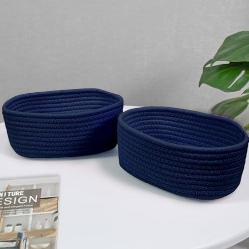 ABenkle 【2 Pack】 Small Woven Baskets, Tiny Oval Shallow Storage Baskets, Mini Cotton Rope Empty Decorative Basket, Boho Little Organizer Bins for Bathroom, Cat Dog Toy Gifts Basket