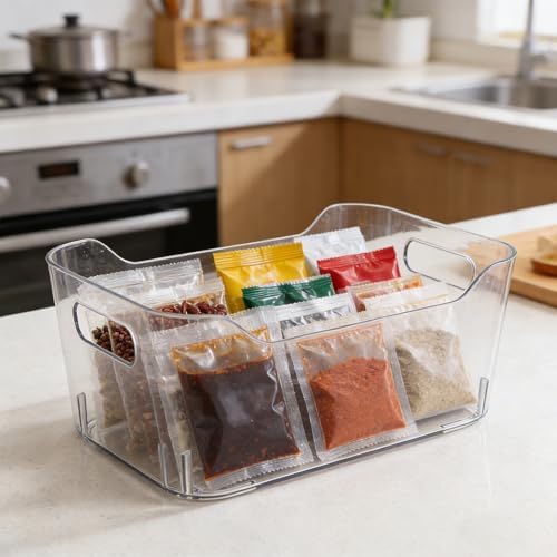 NUOBESTY Clear Plastic Refrigerator Organizer Bins 6-pack Fridge Storage Containers with Easy Grip Handles 9.84 Storage Bins for Pantry Kitchen Cabinets Countertops Crisper Drawers under Sink