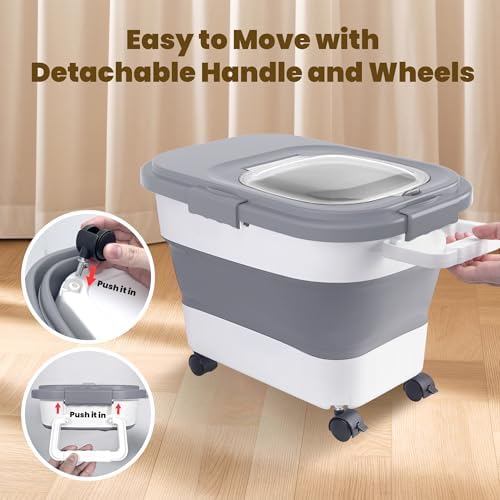 HOYTAMDA 20-30Lbs Collapsible Rice Container,Food Storage Containers Wheels | Rice Storage Container with Airtight Clear Lid,Handle,Small Bin &Scoop,Rice Dispenser for Flour Sugar Cereal Dog Cat Food