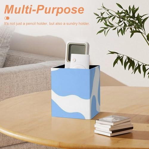 Pen Holder Square Desktop Organizer Pencil Cup For Desk, Office, Home And Stationary Supplies Light Blue Animal Cow Print