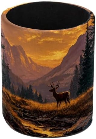Faux Leather Pen Holder for Desk, Pencil Organizer Sunset and Deer Pen Cup Desk Decor Makeup Brush Holder Storage for Office Home