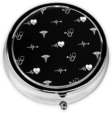Small Pill Organizer, Round Metal Dispenser, Portable Case for Fish Oil, Travel Pill Box Purse Essential, Love Heart Nurse Heartbeat Black and White