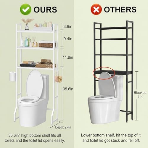 Over Toilet Bathroom Organizer with Toilet Paper Holder | White Over the Toilet Shelf, Over the Toilet Storage Cabinet, Heavy Duty Metal 3 Tier Bathroom Organizer Shelf with 3 Hooks