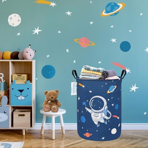 Round Laundry Basket Collapsible Storage Hamper Organizer Space Astronaut | Waterproof Canvas Foldable Baskets with sturdy Handles Multi-scene Organizer for Home Play Bedroom Gift Bin