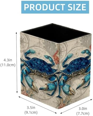 Map and Crab Pen Holder for Desk Decor, Rectangular PVC Leather Pencil Cup for Desk Pen Organizer, Makeup Brush Holder for School, Home, Office