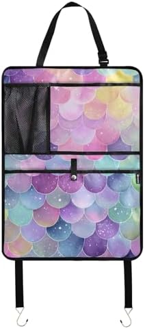 1 Pack Back Seat Car Organizer with Storage Pockets Kick Mats Back Seat Protector Hanging Car Organizer Automotive Seat Back Cover Organizers Watercolor Mermaid Scales Colors