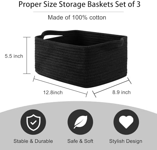 OIAHOMY 3 Pack Storage Baskets for Shelves Cotton Rope Storage Bins Black | Woven Baskets for Storage Nursery Storage Basket with Handles Baskets for Organizing Small Baskets Gift Baskets Empty