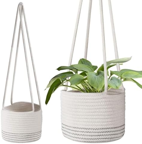 Flexzion Macrame Plant Hanger Basket for Indoor Plants - 8 Inch Jute Rope Planter Pot Cover, Woven Hanging Plant Holder Up to 7 Inch Pots, Boho Hanging Planters Home Decor Storage Organizer (White)