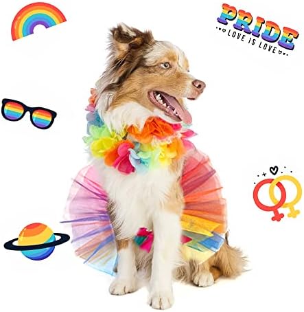 Threetols Rainbow Dog Costume Pride Princess Dress Cat Costumes, Christmas Tutu for Small Medium Cats Dogs, Fancy Rainbow Multicolor Pet Collar for Dog Cat Birthday Party Pride Accessories(L)