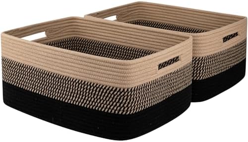 OIASKET Large Storage Basket for Organizing, Woven Rope Basket for Shelves, Closet Organizer Bins for Clothes, Blanket, Toys, Baby Nursery Storage, 17.7" x 13" x 7.87", 2 Packs Black & Brown