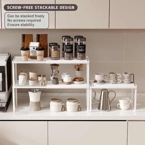 Magheo Expandable Kitchen Countertop Organizer, 1 Pack Stackable Cabinet Shelf Risers, Metal Spice Rack Heavy Duty Counter Organizer Storage for Kitchen, Pantry, Cupboard, Rv (8.7in Height,White)