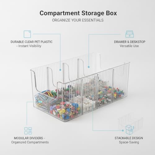 Compartment Storage Box, Clear PET Plastic Organizer with Dividers for Drawer and Desktop Sorting, 10.1 x 5.2 x 3.9 Inches (1 PC)