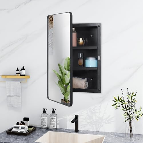 Plastic Black Medicine Cabinet 16x24 Beveled Mirror, Recessed/Surface Mount | Black Metal-Framed Bathroom Mirror Cabinet with 2 Adjustable Shelves, Reversible Door; Fully Assembled for Surface Mounting