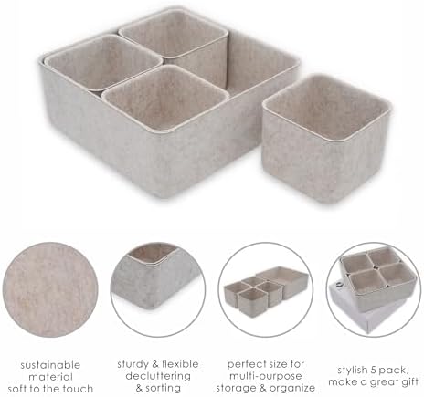 Welaxy 5pc Desk Drawer Organizers Storage Bin Closet Cabinet Box, Oatmeal