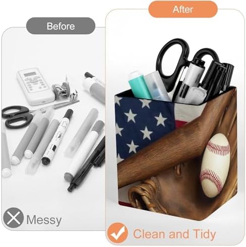 Square Pen Holder Waterproof Multifunctional Desk Organizer For Office Home Vintage Ball Baseball American Flag