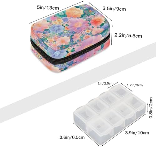 Pill Organizer Box Painted Flowers Spring 7-Day Weekly Medicine Pill Case Travel Pill Container Portable Pill Holder Storage Purse Bag Small Compact Size for Vitamin Supplement Birth Control