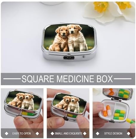 Pill Organizer, Portable Pill Box, Travel 7 Day Pillcase Golden Retriever Dogs Puppies Pets Medicine Organizer 2 Compartments Medicine Container for Vitamins, Medications, Fish Oil and Supplements