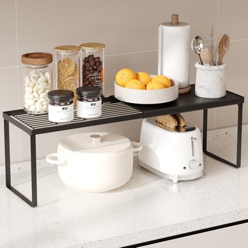 Magheo Expandable Kitchen Countertop Organizer, 1 Pack Stackable Cabinet Shelf Risers, Metal Spice Rack Heavy Duty Counter Organizer Storage for Kitchen, Pantry, Cupboard, Rv (8.7in Height,Black)