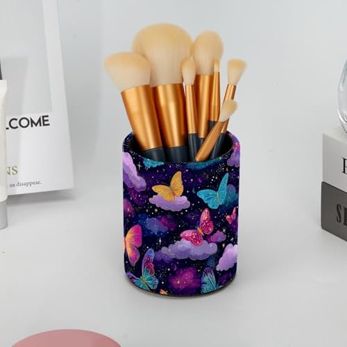 Faux Leather Pen Holder for Desk, Pencil Organizer Butterfly Pen Cup Desk Decor Makeup Brush Holder Storage for Office Home