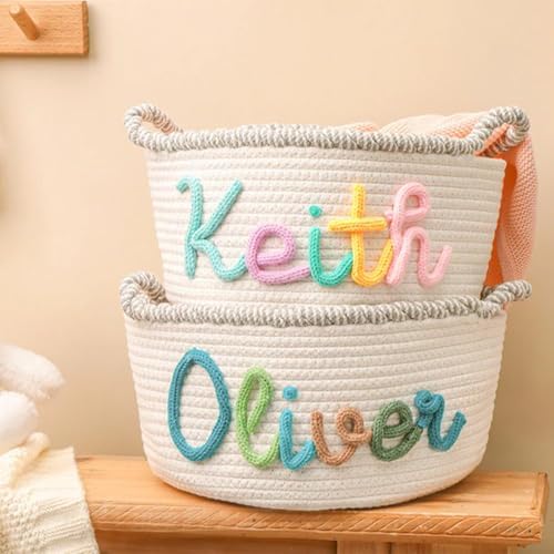 Personalized Baby Name Basket Custom Easter Cotton Rope Diaper Caddy & Nursery Storage Organizer Bin for Baby Birthday Shower Gift, Newborn Essentials, Kids' Bedroom Bathroom Decor (Style E)