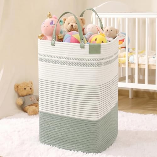 danpinera 100L Nursery Hamper, Tall Woven Laundry Basket with Long Leather Handles, Boho Laundry Hamper for Living Room, Eco-friendly & Convenient Decorative Storage Basket, White & Light Green