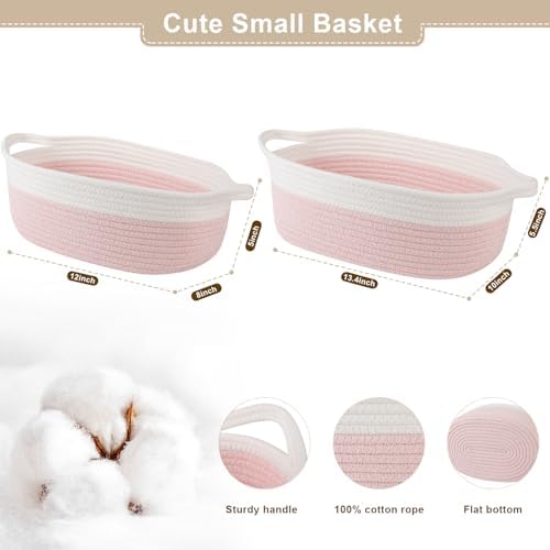 OIAHOMY Gift Basket Empty with Handle, 12"x 8"x 5" Small Woven Basket with Gift Bag, Ribbon and Wrap Tissue Paper, Dog Toy Storage for Organizing - Pink & White