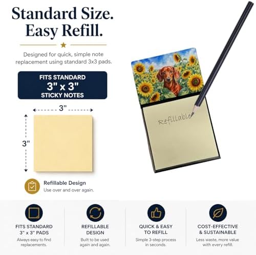 Caroline's Treasures Dachshund in Sunflowers Watercolor Sticky Note Holder Refillable Dispenser Desk Accessory 3x3 Pad Gift
