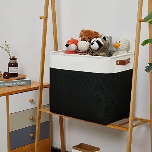 DULLEMELO Large Fabric Basket for Organizing, 17"x12"x15" Storage Basket With Leather Handles, Collapsible Storage Bin for Clothes, Toys, Books, Office, Bedroom, Closet, Nursery&Laundry (White&Black)