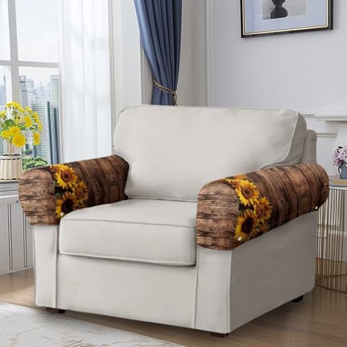 Sofa Arm Covers for Couch Wooden Sunflower Arm Chair Covers Scratch-Resistant Sofa Arm Covers Protect Anti-Slip Furniture Protector Set of 2