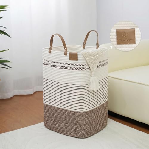 danpinera 75L Woven Laundry Hamper with Long Leather Handles, Baby Laundry Basket for Nursery, Tall Hampers for Bedroom Aesthetic, Decorative Clothes Storage Basket for Family, White & Dark Brown
