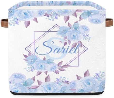 Personalized Storage Baskets for Organizing, Foldable Storage Bins with Handles Custom Cute Basket for Boys, Girls, Pet, Clothes, Blanket, Bedroom Nursery Toy Storage Gift,13 x13 x13 Inch, Blue Flower