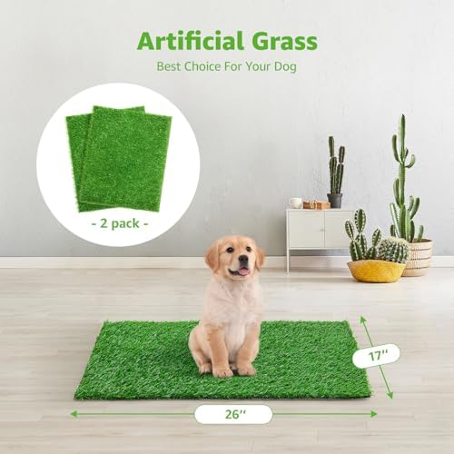 2 Pack Artificial Dog Grass Pee Pad 26" x 17", Indoor Potty Training Turf | Easy to Clean, with Drainage, Reusable, Realistic, Fake Grass Mat, for Apartment, Balcony, Outddor Use