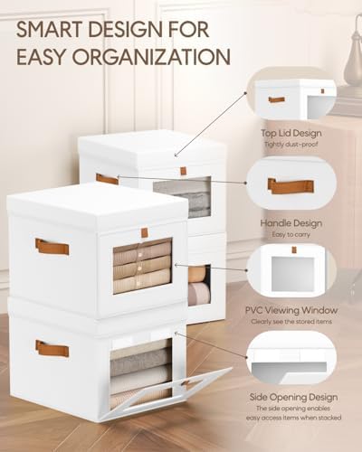 Homsorout Storage Bins with Lid – Closet Organizer with Side Opening and Clear Window, Foldable Stackable Fabric Basket for Clothes, Home, Office - 13.77" x 11.8" x 9.8", 3 Pack, White