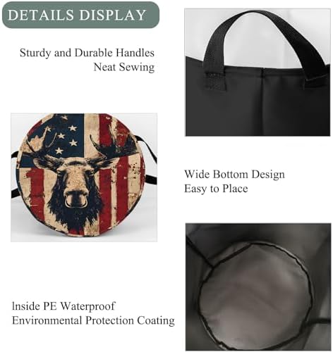 Moose Laundry Basket Hamper, Organizer Bins Gifts for Women Kids, Rustic American Flag Cabin Foldable Waterproof Clothes Hamper Handles Storage Bucket for Bedroom Bathroom Room Decor 19.7"x15.7"