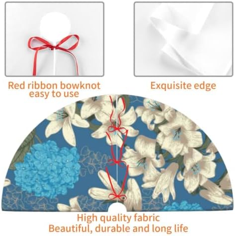Christmas Tree Skirt, Soft Polyester Xmas Tree Skirts with Ribbon Ties, Rustic Farmhouse Holiday Party Decorations Illustration of Hydrangea and Lilies 30"
