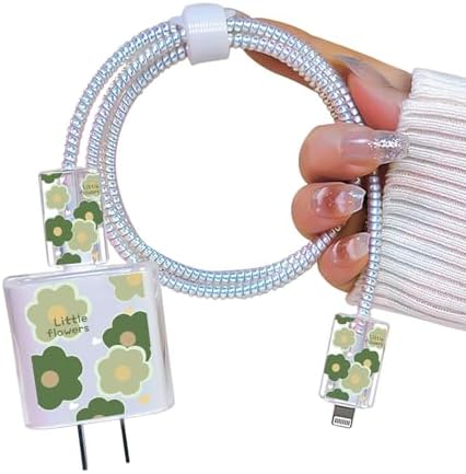 Cute DIY Cable Protector for iPhone Adapter Charger, Green Little Flowers Design, Soft TPU Data Cable Case Data Line Cord Saver Charger Protective Case for iPhone 11 12 13 14 15 Pro Max