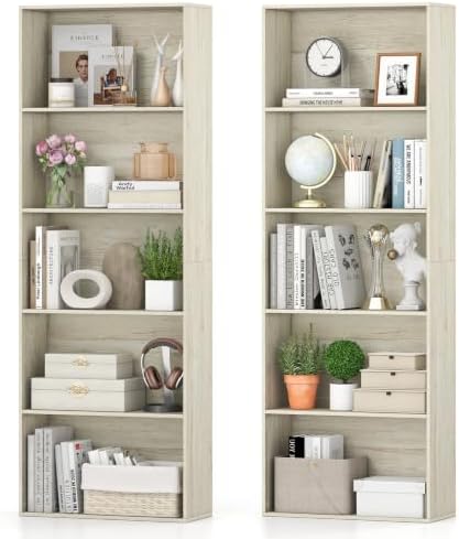 GIANTEX 5-Tier Bookshelf Set of 2, Freestanding Bookcase with 5 Open Shelf | Modern Display Shelf, Storage Organizer for Living Room, Home Office, White Oak